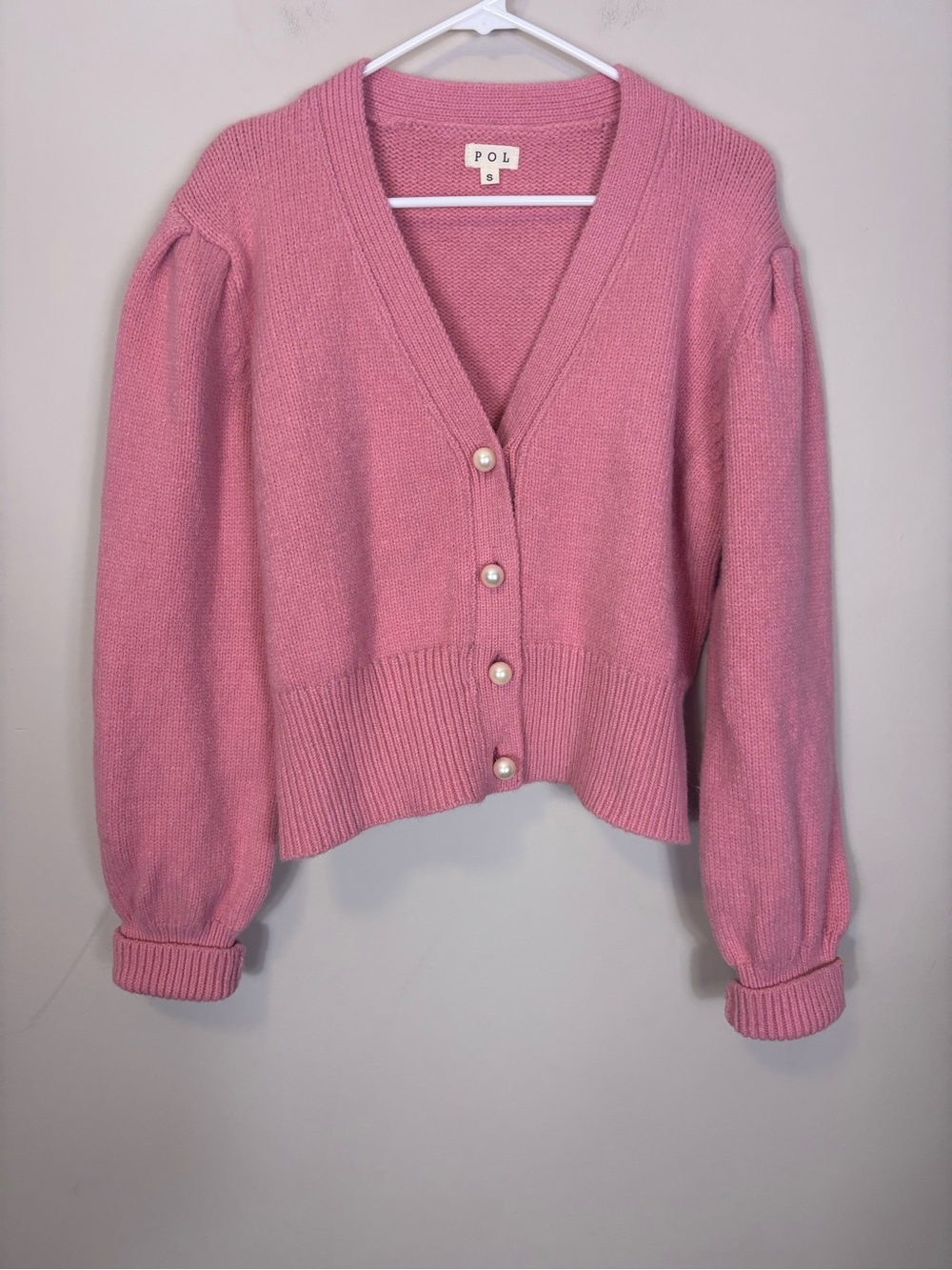 POL Light Pink V-Neck Pearl Button Cardigan Sweater Women’s Small